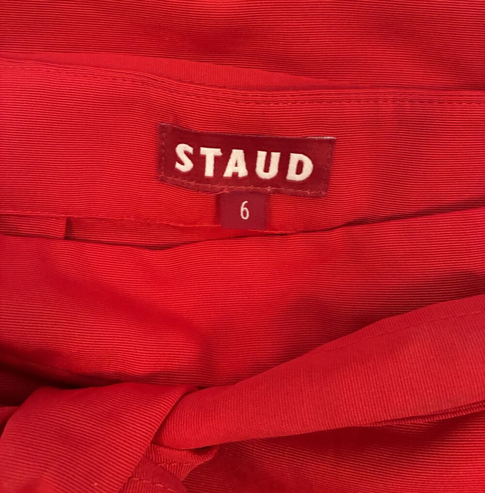 STAUD Red Tie-Waist Ribbed Faille Midi Skirt Size 6